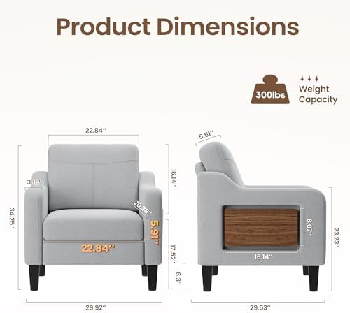 Upholstered Accent Chair with Foldable Side Table for Living Room | 2 Side Po...