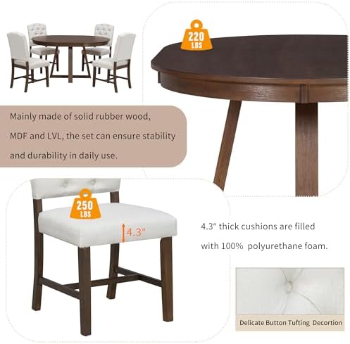 LUMISOL Extendable Round Dining Table Set for 4-6, 5-Piece Farmhouse Kitchen ...