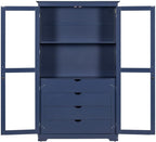 Polibi 44.7" Extra-Large Freestanding Storage Cabinet - Glass Door Display with 4 Drawers & Shelf, Multi-Functional for Kitchen Pantry & Dining Room, Blue