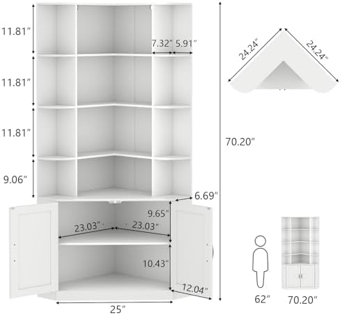 Corner Bookshelf with Doors, 6 Tier Corner Bookcase with Storage Cabinet
