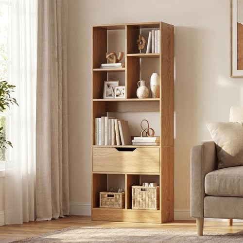 Tangkula 51” Tall Open Bookcase with Drawer, 7-Cube Display Storage Cabinet O...