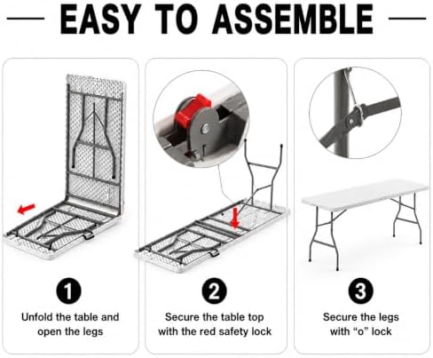 5 Pack of 6 Foot Foldable Table with Built in Handle & Steel Legs | 6FT P...