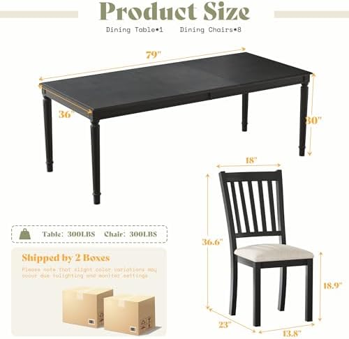 AMERLIFE 9 Piece Farmhouse Dining Table Set with 79" Rubberwood Table, Grey