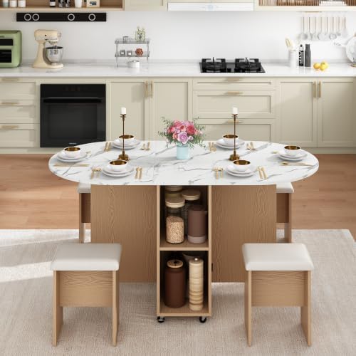 5 PCS Farmhouse Dining Table Set for 4,60" Large Round Folding Dining Ta...