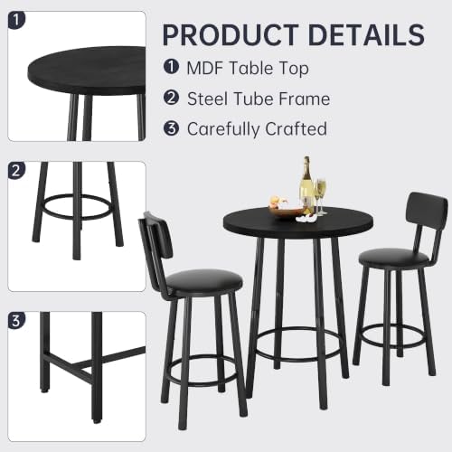 Recaceik 3‑Piece Pub Dining Set, Counter Height Modern Round Bar Table with W...
