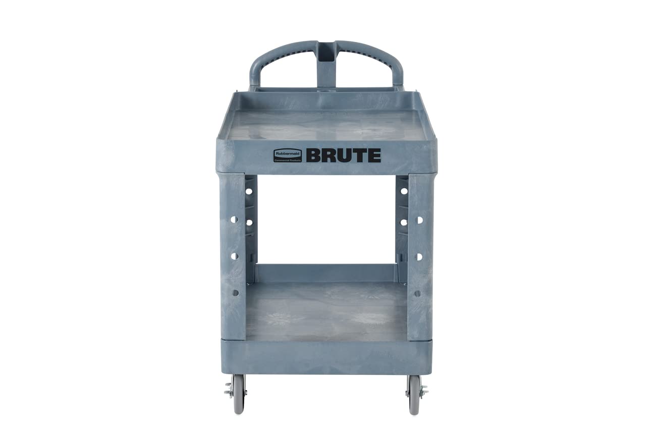 Rubbermaid Commercial Products BRUTE Heavy Duty 2-Shelf Utility/Service Cart, Large, Lipped Shelves, Ergonomic Handle, 750 lbs. Capacity, Black, for Warehouse/Garage/Cleaning/Maintenance/Stadiums