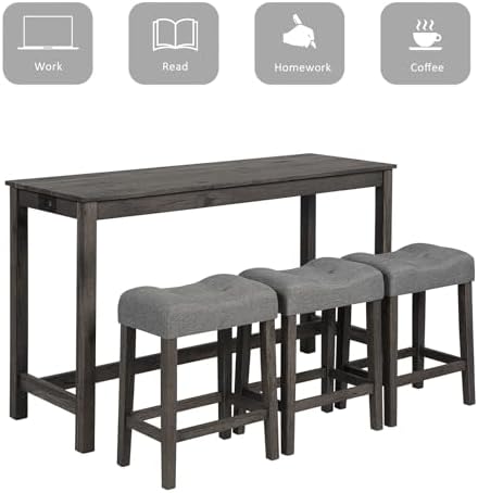 59" Counter Height Bar Table Set with Power Outlet, Industrial Breakfast...