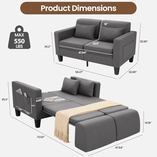 SEJOV 6-in-1 Convertible Sofa Bed, 58" Loveseat Sleeper Sofas, Gray | Pu...