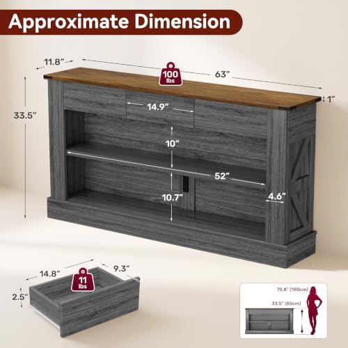 Miereirl 63" Console Table with Drawers & LED Light, Brown & Dar...
