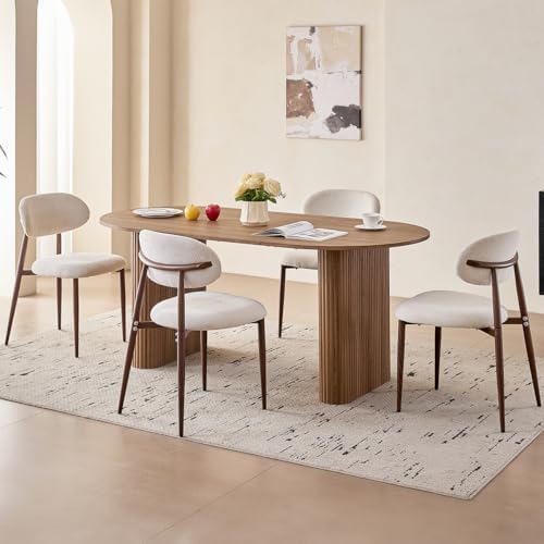 Brown Dining Table Set for 4 with Beige Chairs with Metal Legs | [Rounded Edg...