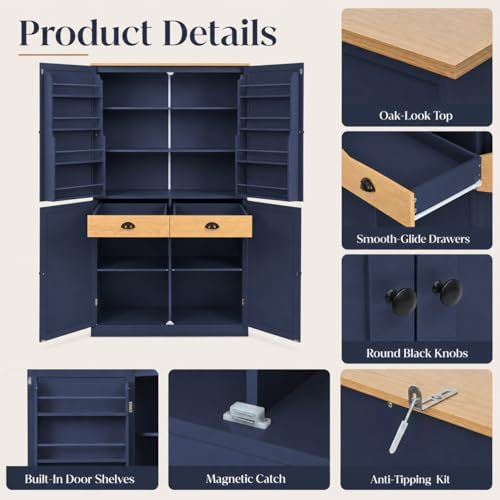 71" Tall Kitchen Pantry Storage Cabinet with 8 Door Shelves and 2 Storag...