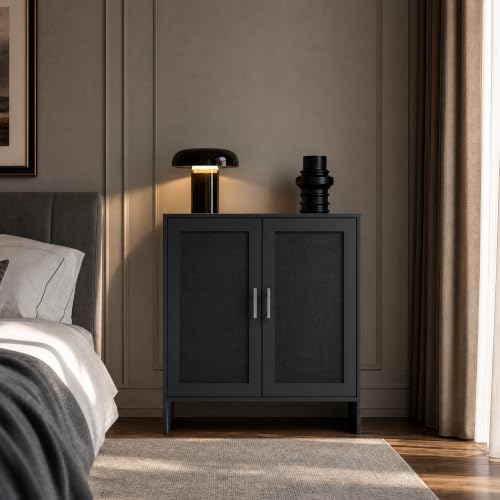DHZ Buffet Cabinet with Storage, Farmhouse Sideboard with Black Rattan Doors ...