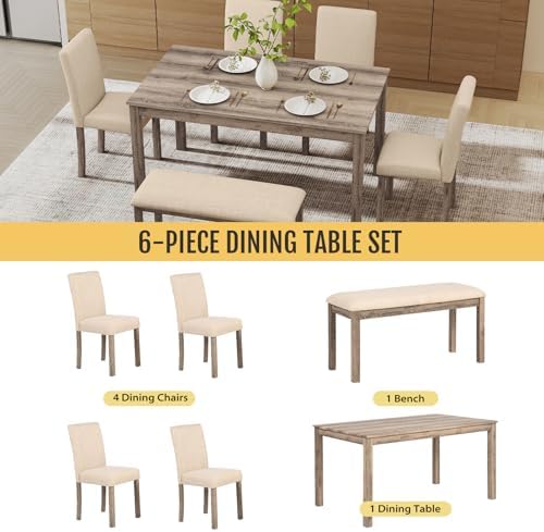 Zevemomo 6-Piece Solid Wood Dining Table Set, Wooden Legs Table Set, Brown