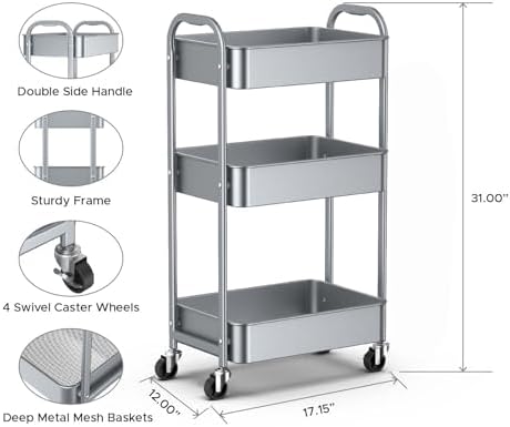 MAX Houser 3-Tier Rolling Utility Cart with Caster Wheels,Easy Assembly, for ...
