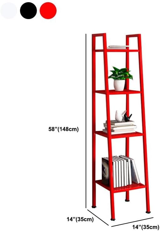 4 Tier Metal Ladder Bookshelf, Modern Open Storage Rack for Living Room, Bedroom, Balcony. Space Saving Steel Shelves with Adjustable Feet. Easy Assembly. Red