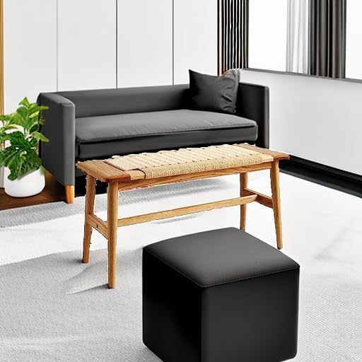 100% Solid Oak Wood Bench,Hand Woven Design,Solid Mortise and Tenon Construct...