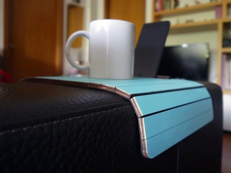 Turquoise Sofa Armrest Tray Table, Foldable Wood Snack Holder with Phone Slot...