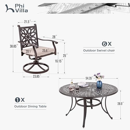 PHI VILLA Patio Dining Set, Swivel Chairs, 54" Round Cast Aluminum Table
