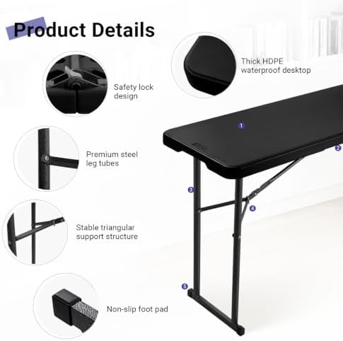 Byliable Folding Table 6FT Narrow Portable Plastic Heavy Duty Table, Black