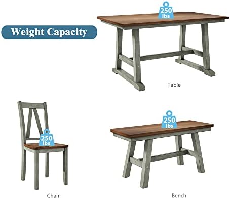 6-Piece Dining Table Set, 4 Chairs + Long Bench, Farmhouse, Gray