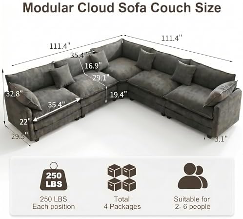 111.4" V-Shaped 5-Seat Sectional Cloud Couch, Chenille Soft Set, Grey | ...