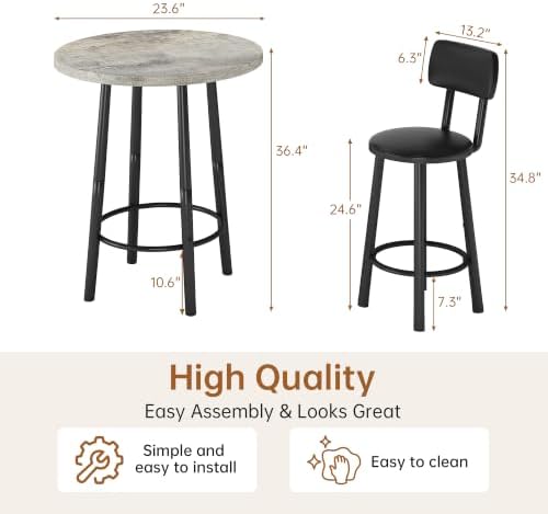 Recaceik 3‑Piece Pub Dining Set, Counter Height Modern Round Bar Table with W...