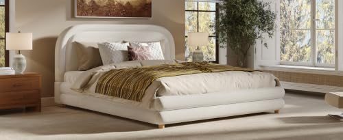 Peanu Queen Bed Frame, Boucle Upholstered Curved Headboard, White