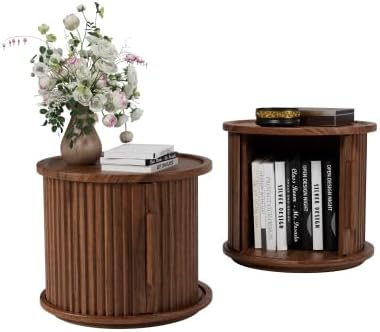 Round Coffee Table Set of 2, Nesting Side Table with Sliding Door Storage | R...