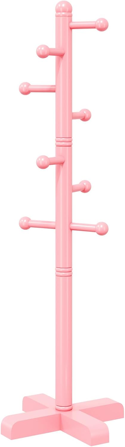 Coat Rack, Freestanding Coat Racks with 8 Hooks 2 Adjustable Height, Tree Coat Rack for Bedroom, Hallway, Entrance, Office, Hats, Handbags,Purse (Pink)