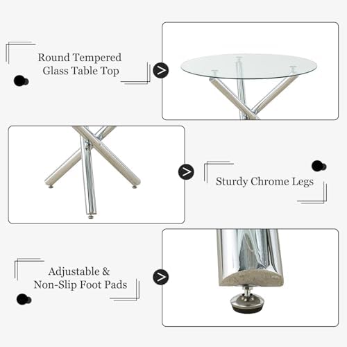 Modern Silver Round Glass Dining Table Set for 4, 36'' Luxury Minimal...