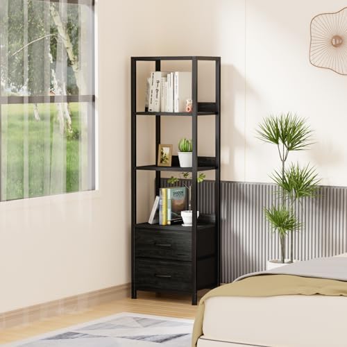 Furnulem 4 Tier Corner Shelf,Black Narrow Bookshelf with 2 Storage Drawers