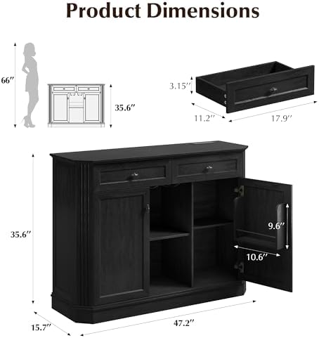 47" Wine Bar Cabinet with LED Light & Power Outlets, 2 Door Coffee B...