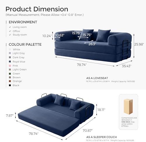 79" Convertible Futon Sofa Bed, Couch for Living Room | Blue | Folding C...