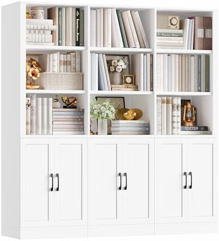 FINETONES 70” H x 63” W Triple Wide Bookshelf, Tall Bookcase with 6 Doors