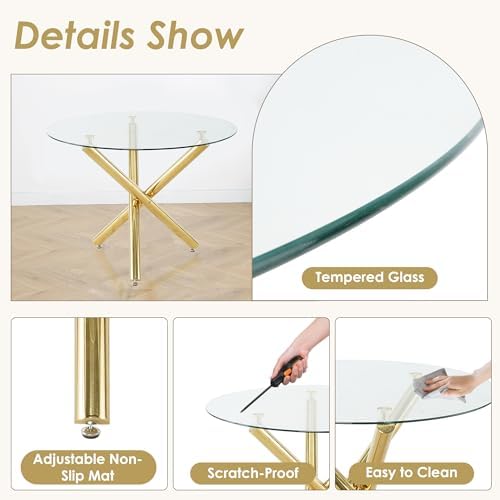 5 Pieces Gold Round Glass Dining Table Set, Modern Luxury Circle Kitchen Set ...