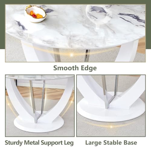 JUFU Round Dining Table Set for 4, 47" White Dinette Set for 4 with Marb...