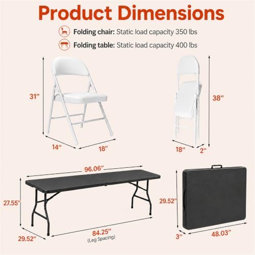 8FT Black Plastic Folding Table Set with 10 White PU Padded Chairs