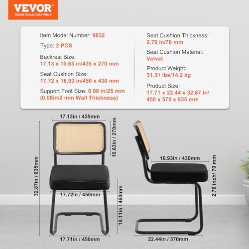 VEVOR Rattan Dining Chairs Set of 2, Mid Century Modern Dining Chair, Upholst...