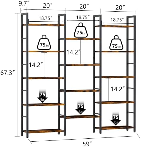 Shintenchi Large 5 Tier Bookshelf,Triple Bookcase, Tall Open Shelves