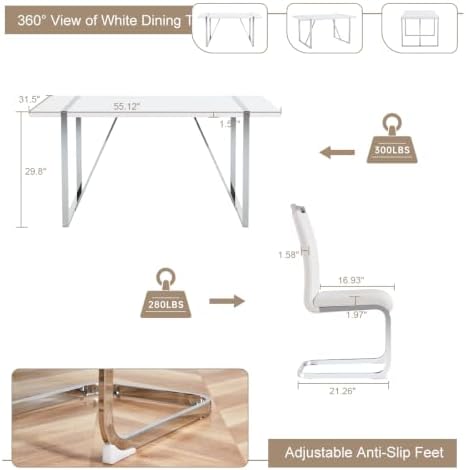 Ebullient Dining Table Set for 6，White Rectangular MDF Kitchen Table and Leat...