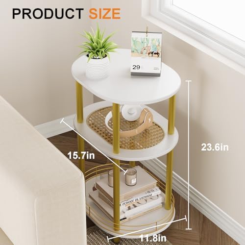 Small Rattan Side/Accent Table with Storage, 3 Tier Round/Oval End Table with...