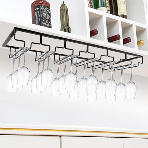 MOCOUM Wine Glasses Rack Under Cabinet Stemware Rack,Wine Glass Hanger Rack Wire Wine Glass Holder Storage Hanger for Cabinet Kitchen Bar (Black, 6 Rows 1 Pack)