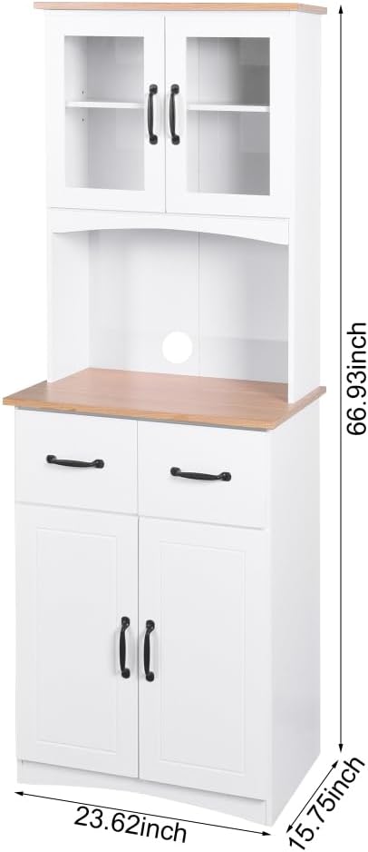 White Wooden Kitchen Cabinet, Pantry Storage Unit with Framed Glass Doors, Mi...