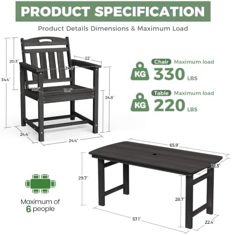 HDPE Outdoor Dining Set, Patio Table and 6 Chairs, 2" Umbrella Hole, Black