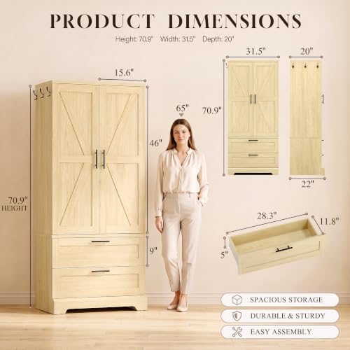 YESHOMY 70.9" Wardrobe Closet with Sensor Light, 2 Drawers (Oak)