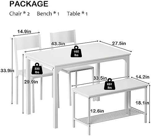 soges Kitchen Table Set for 4, Off White Nesting Table with Chairs & Bench