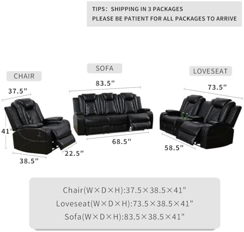 Power Recliner Sofa Sets, Living Room Furniture Sets, Black Modern Power Recl...