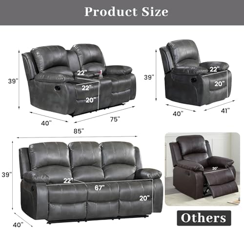Betsy Furniture 3PC Faux Leather Reclining Couch Set, Living Room Furniture S...