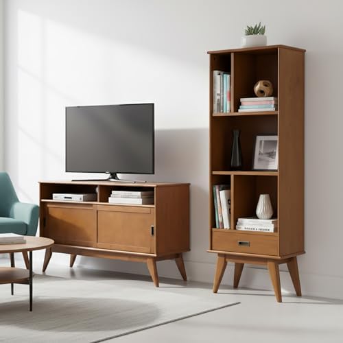 SIMPLIHOME Draper 22W x 64H Solid Wood Bookcase in Tawny Brown Teak