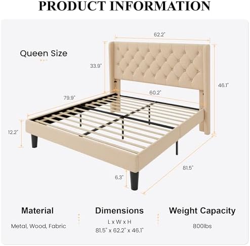 SHA CERLIN Queen Upholstered Bed Frame, Button Tufted Design, Beige